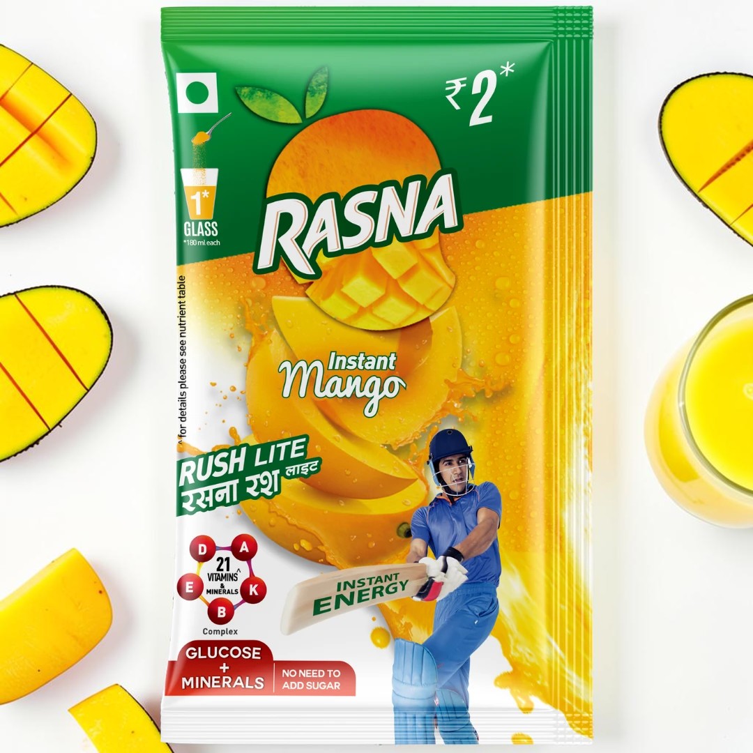 Desipan Rasna Instant Mango Rush Lite drink mix pouch with 21 vitamins and minerals, glucose, and no added sugar.