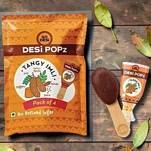 Desipan Go Desi Tangy Imli Pops, pack of 4, made with tamarind, jaggery, cumin, curry leaves. No refined sugar.
