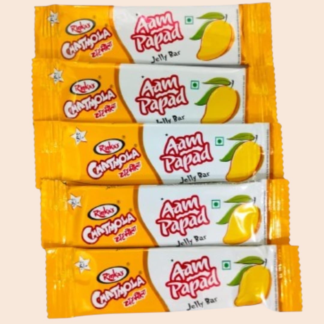 Desipan Rinkas Chatmola Aam Papad Jelly Bars, individually wrapped, featuring a mango illustration and sweet and tangy flavor.