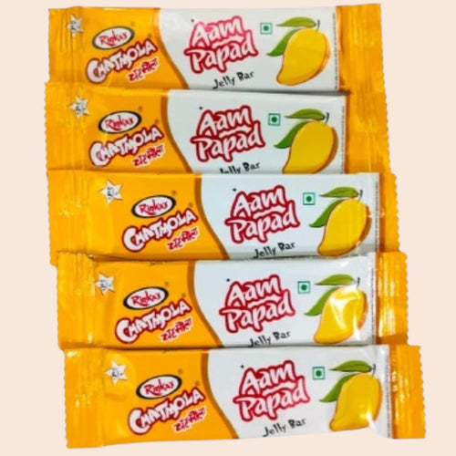 Desipan Rinkas Chatmola Aam Papad Jelly Bars, individually wrapped, featuring a mango illustration and sweet and tangy flavor.