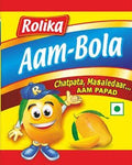 Desipan Rolika Aam-Bola Aam Papad snack, featuring a cartoon mango character and real mangoes. Tangy and spicy.