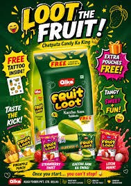 Desipan Ailka Fruit Loot chatpata candy in Kachcha Aam flavor, with Pineapple Punch, Strawberry Twist, and Litchi Magic varieties shown.