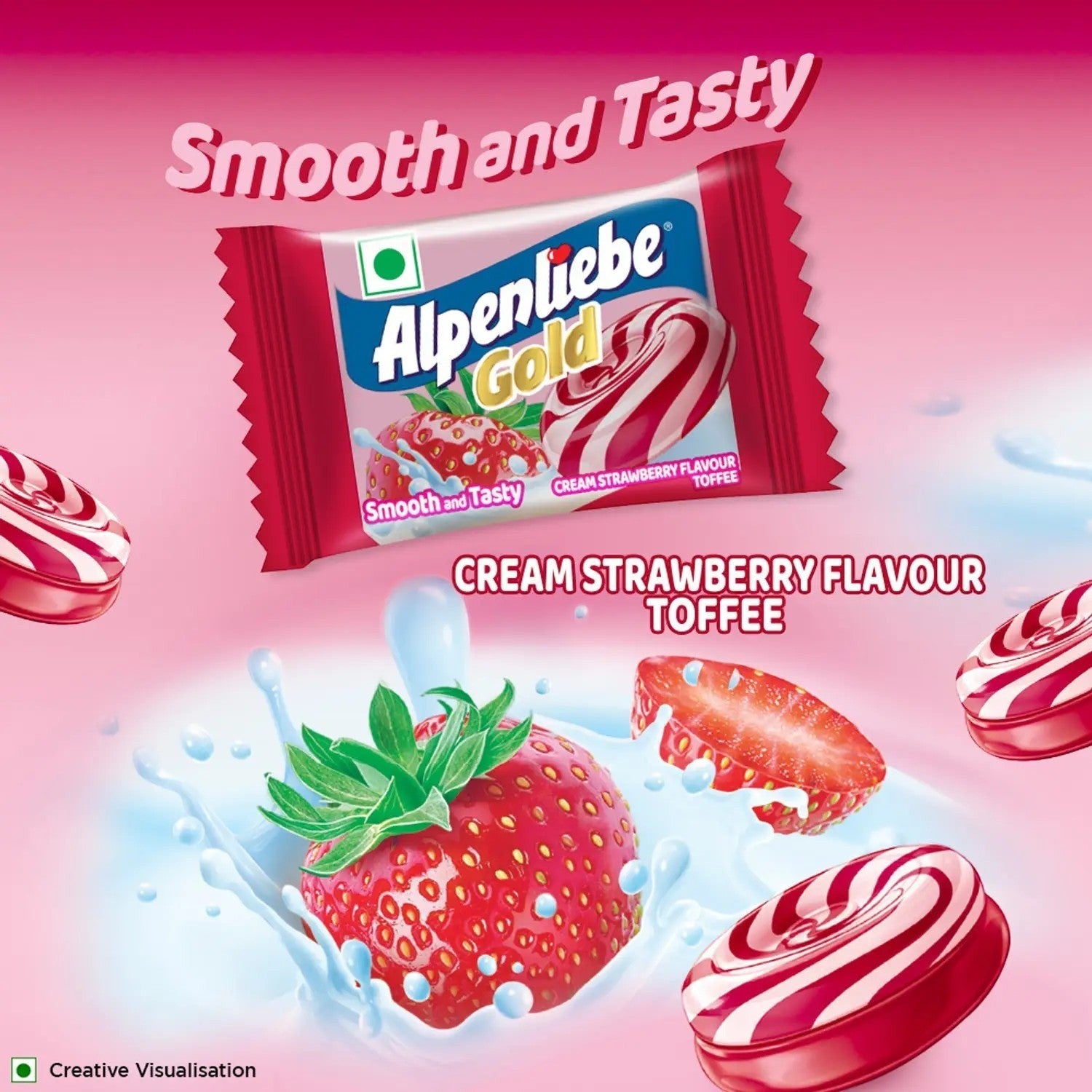 Desipan Alpenliebe Gold Cream Strawberry Flavour Toffee, featuring a strawberry and cream swirl candy.