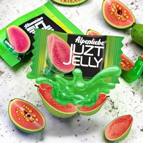 Desipan Alpenliebe Juzt Jelly Guava candy packaging with real guava halves and green splash.