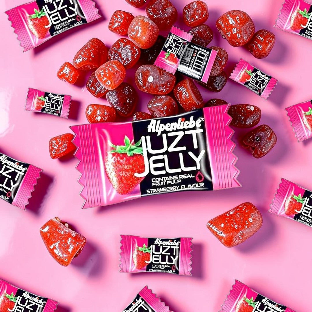 Desipan Alpenliebe Juzt Jelly Strawberry Flavour candy wrappers with strawberry illustration.
