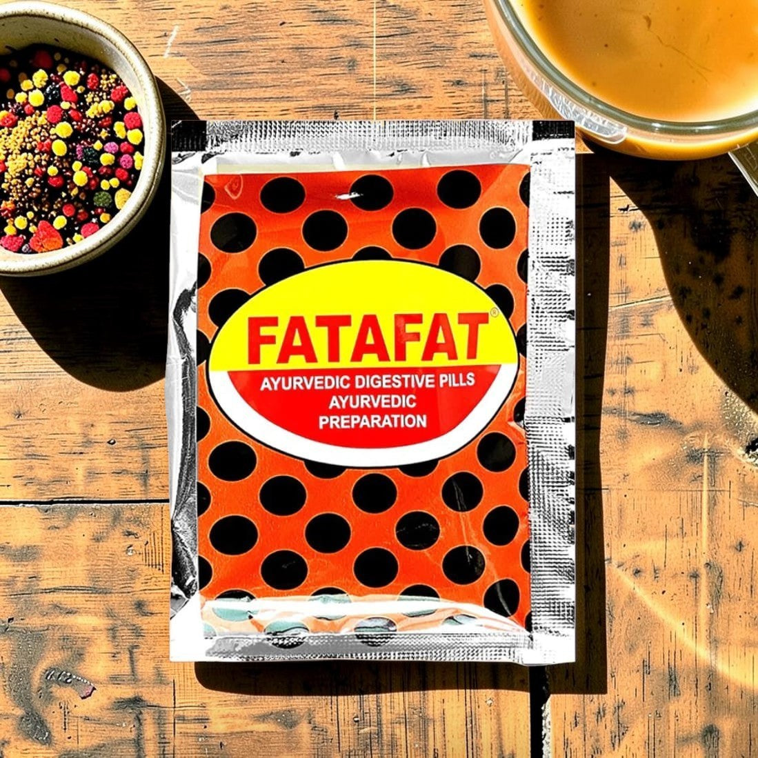 Desipan Fatafat Ayurvedic Digestive Pills Preparation packet with orange and black polka dot design.