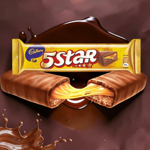 Desipan Cadbury 5 Star chocolate bar with gooey caramel filling, rich chocolate coating, and yellow wrapper.