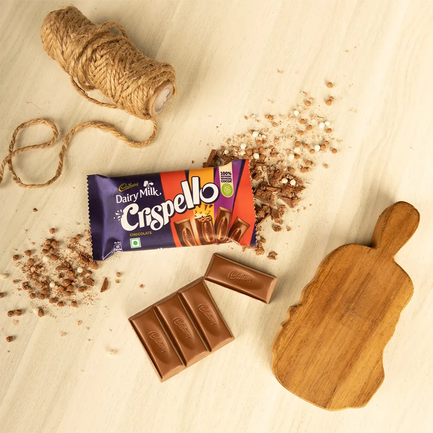 Desipan Cadbury Dairy Milk Crispy Chocolate Bar with crispy pieces and a wooden board.