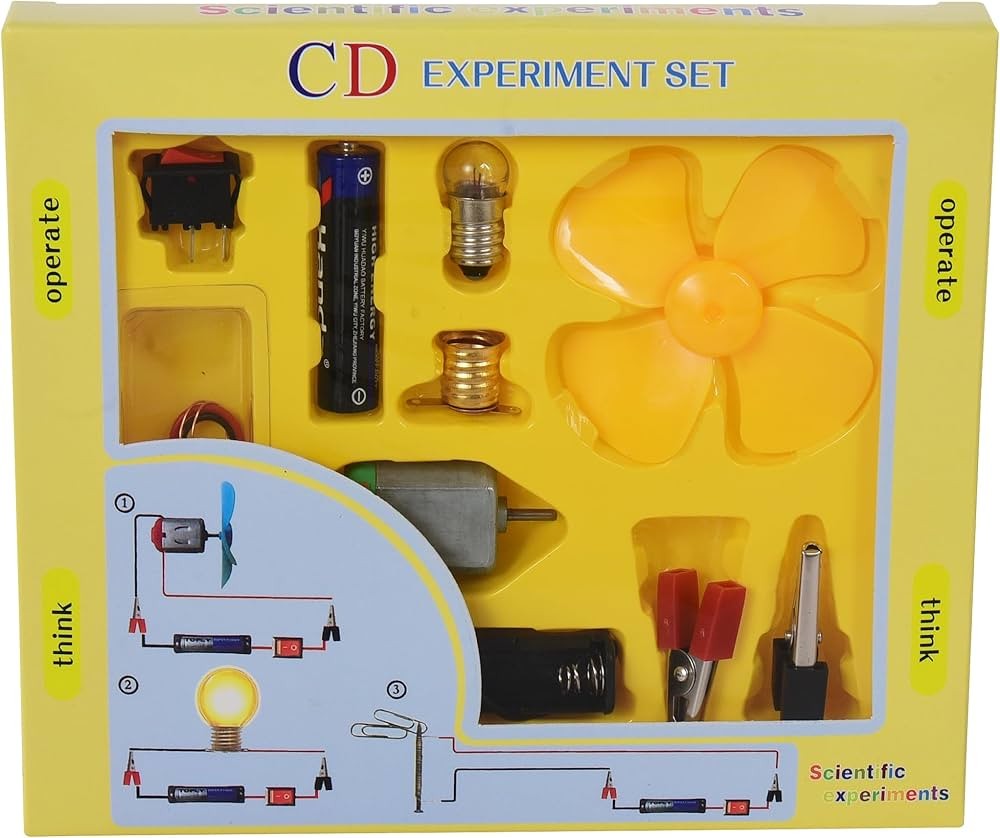 Desipan CD Experiment Set for kids, includes DC motor, fan, light bulb, battery holder, switch, wires, and diagrams for electrical circuits.