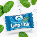 Desipan Center Fresh Spearmint Liquid Filled Gum packaging with a burst of liquid and a leaf icon.