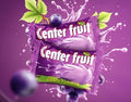 Desipan Center Fruit Grape Flavour candy packaging with grape splashes and whole grapes.