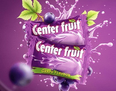 Desipan Center Fruit Grape Flavour candy packaging with grape splashes and whole grapes.