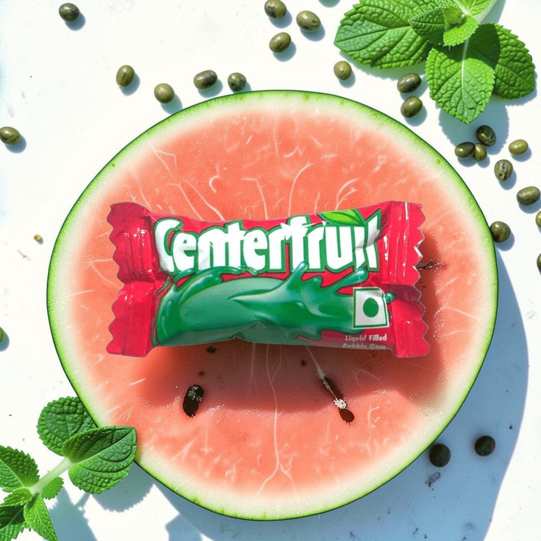 Desipan Centerfruit Liquid Filled Bubble Gum in red wrapper with green liquid splash design. Fruity flavor.