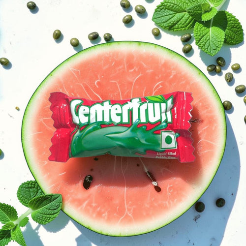 Desipan Centerfruit Liquid Filled Bubble Gum in red wrapper with green liquid splash design. Fruity flavor.