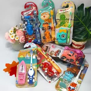 Desipan children's toothbrushes with fun toy car, boat, and animal designs. Soft bristles, ergonomic handles.