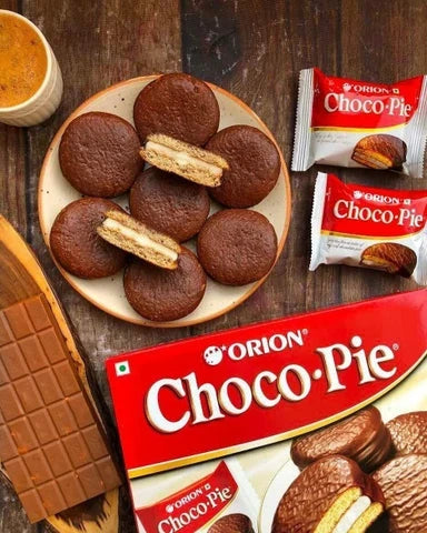Desipan Orion Choco Pie chocolate sandwich cookies with marshmallow filling and chocolate coating.