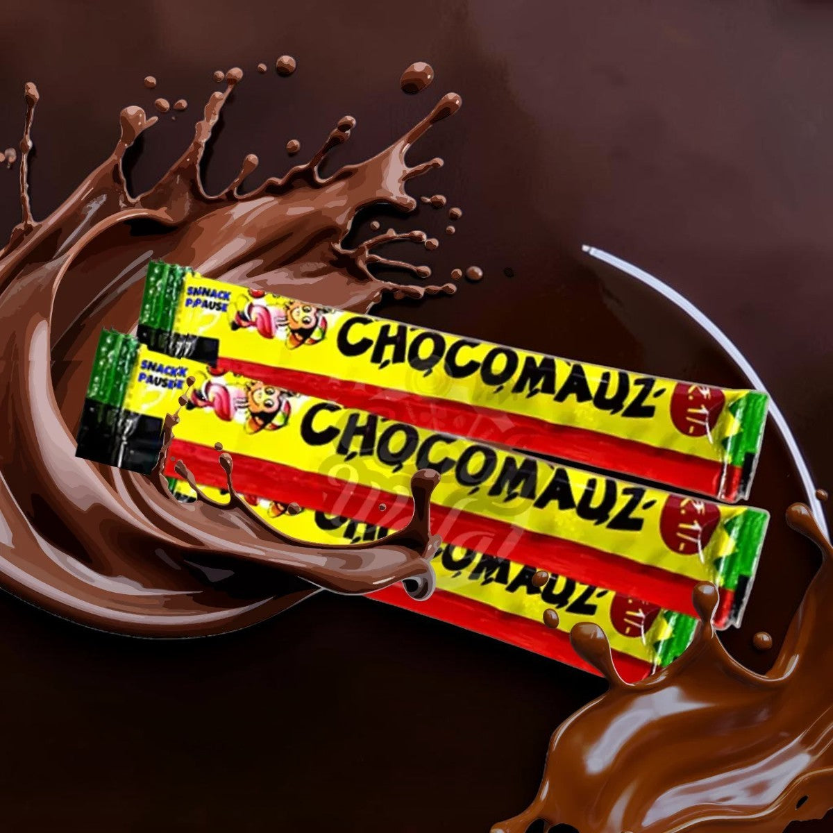 Desipan Chocomauz chocolate snack bars, individually wrapped in yellow, red, and green packaging with cartoon characters.