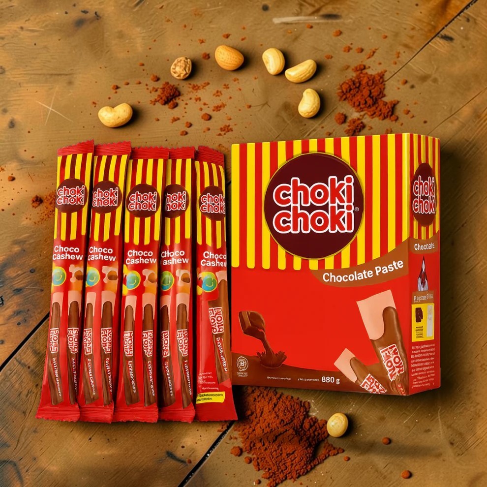 Desipan Choki Choki Chocolate Paste sticks in red and yellow packaging, featuring chocolate paste filling.