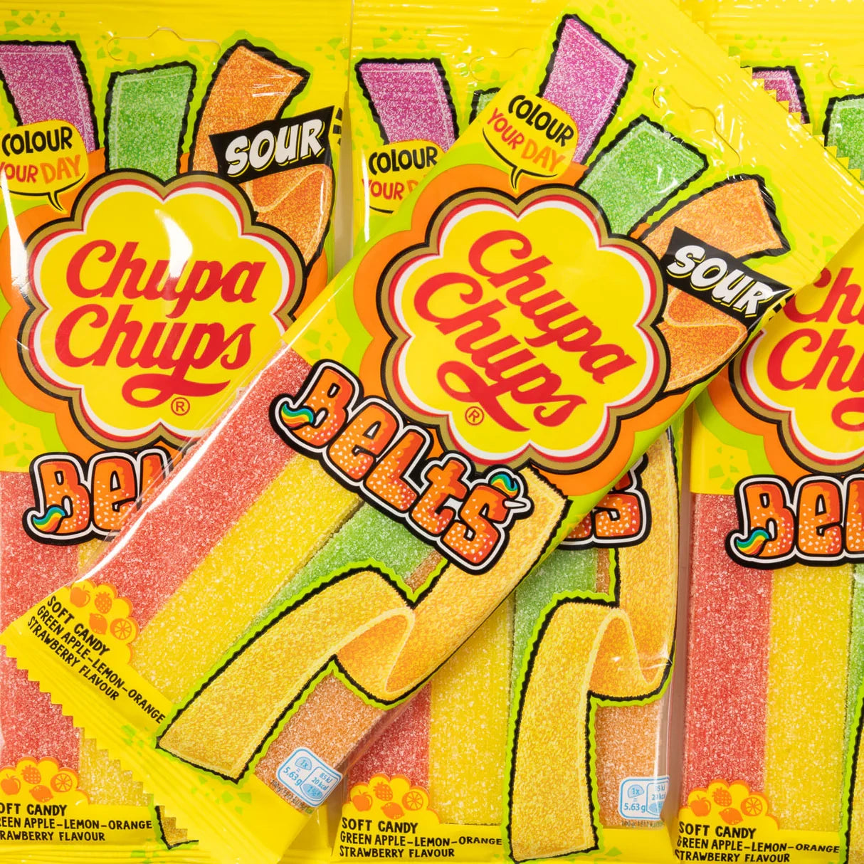 Desipan Chupa Chups Belts sour candy in green apple, lemon, and strawberry flavors. Soft, chewy, and tangy.