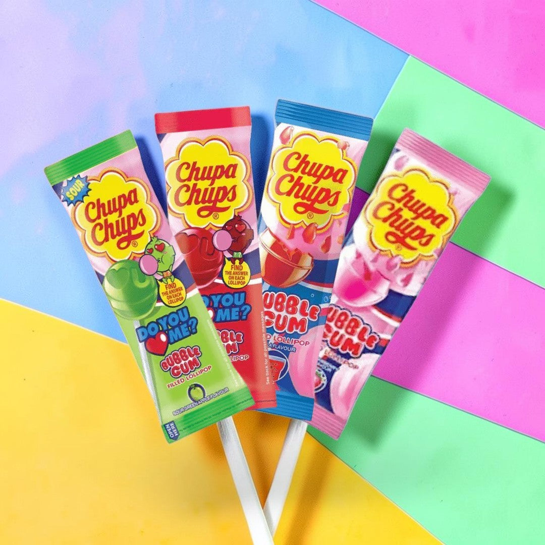 Desipan Chupa Chups bubble gum filled lollipops in sour green apple, cherry, and strawberry flavors.