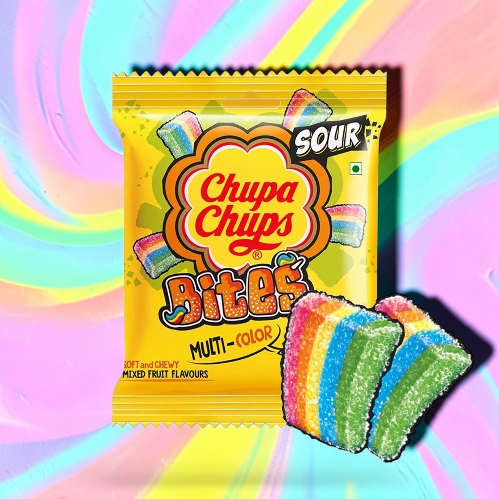 Desipan Chupa Chups Sour Bites, multi-colored soft and chewy candies with mixed fruit flavors.