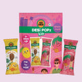 Desipan Desi Popz Kidz share pack with Real Aam and Strawberry ice pops, no refined sugar, made with jaggery, free toy inside.