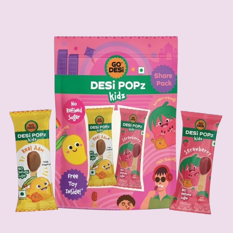 Desipan Desi Popz Kidz share pack with Real Aam and Strawberry ice pops, no refined sugar, made with jaggery, free toy inside.