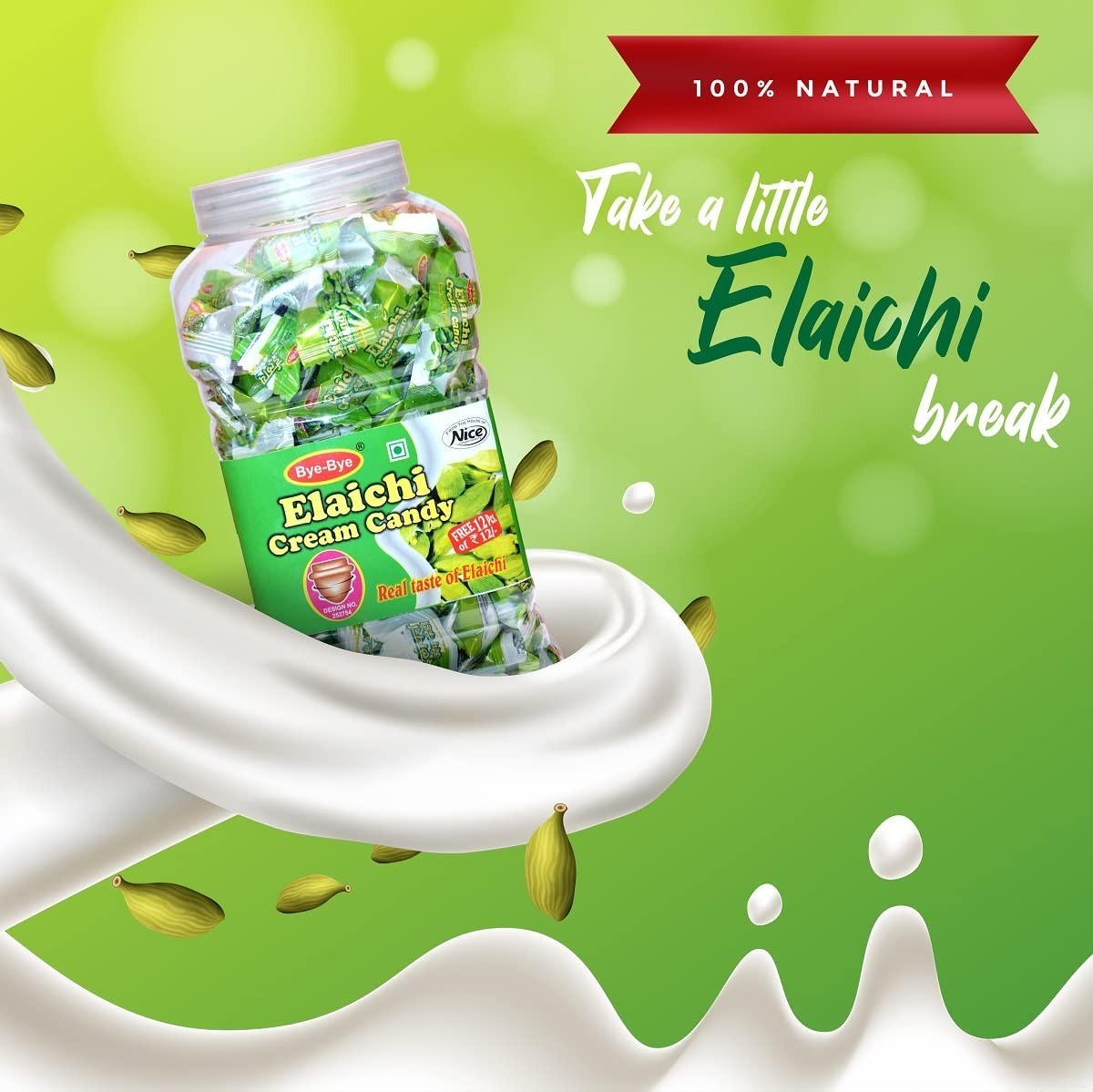 Desipan Elaichi Cream Candy jar with real cardamom flavor, 100% natural ingredients, creamy and sweet.