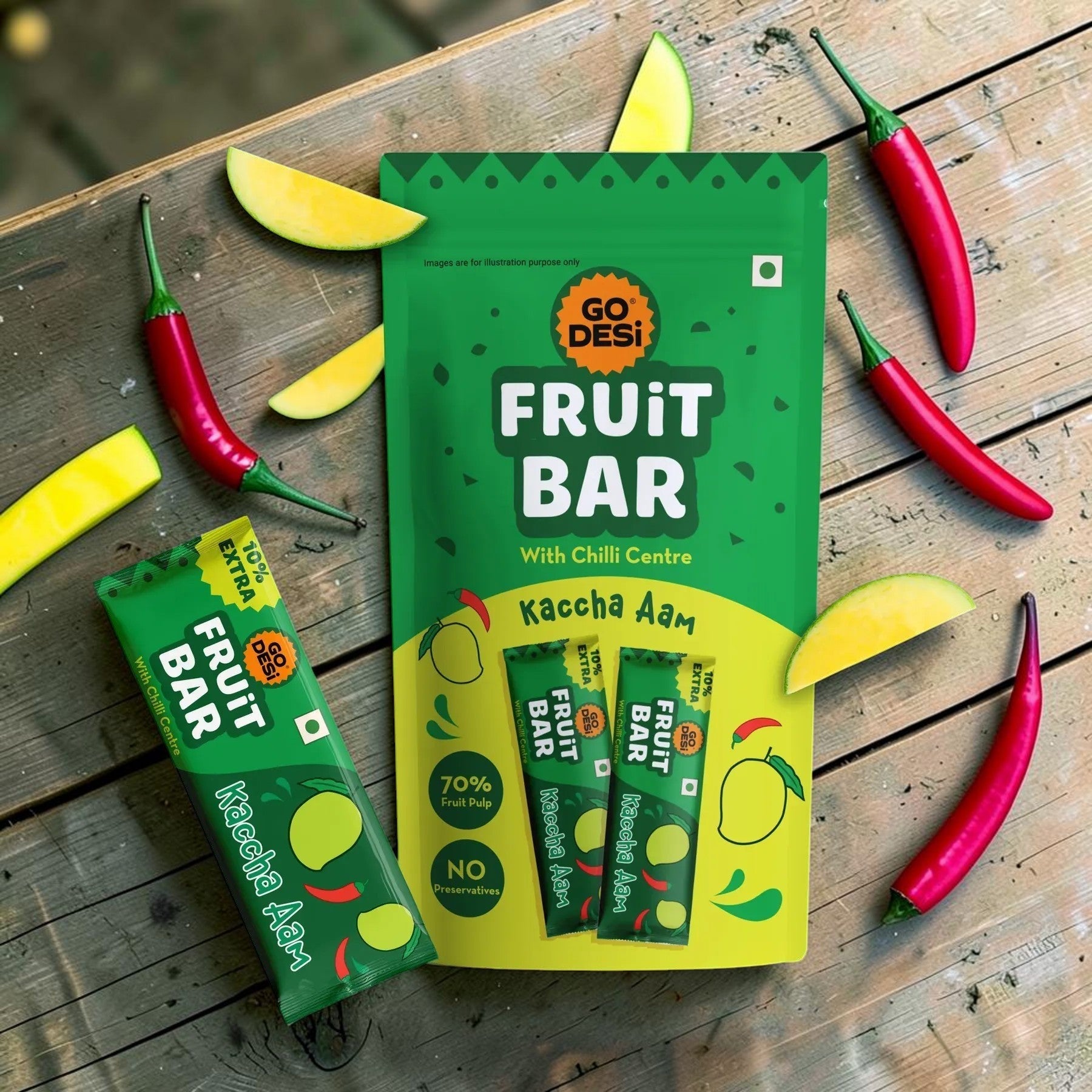 Desipan Go Desi Fruit Bar with chilli centre, Kaccha Aam flavour, 70% fruit pulp, no preservatives.