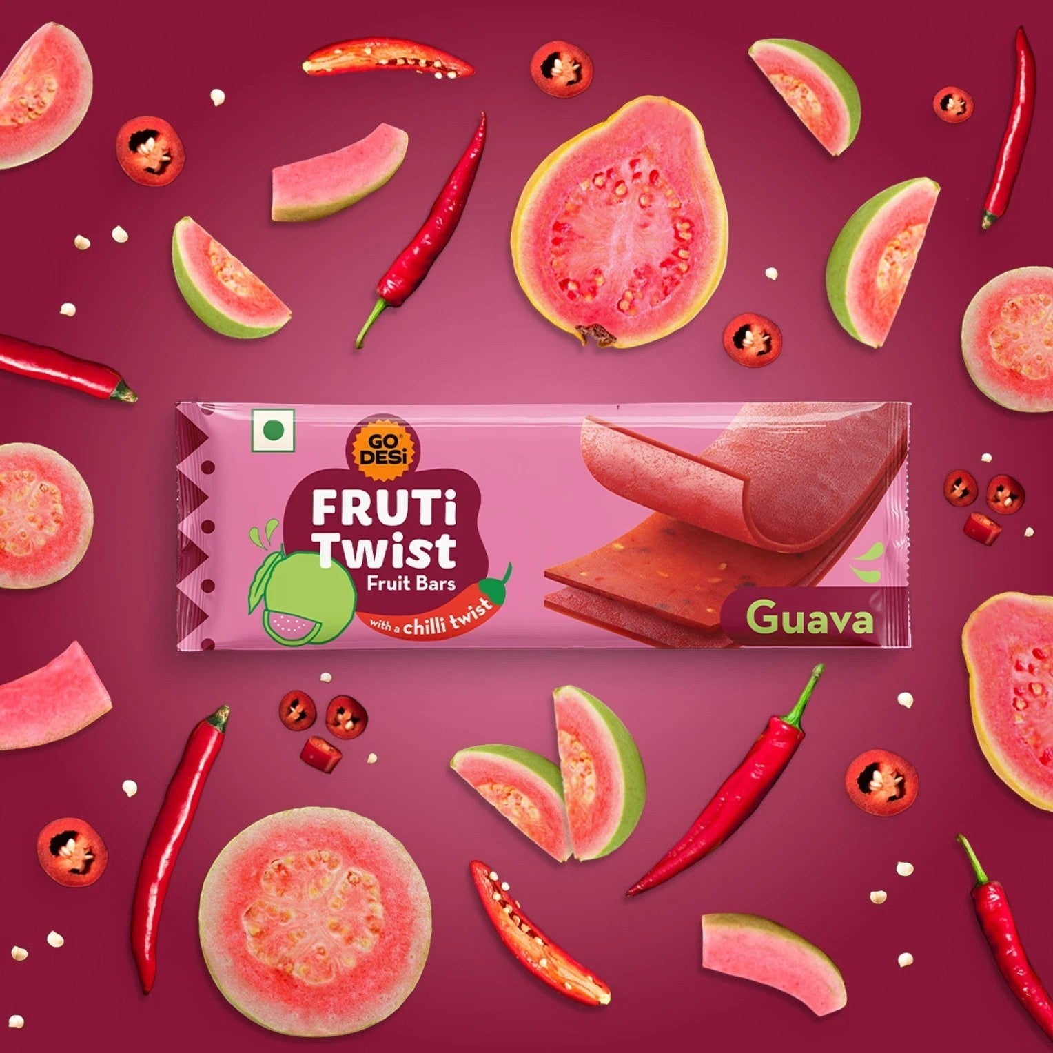 Desipan Fruti Twist Guava Fruit Bars with a chili twist, featuring real guava and red chili peppers.