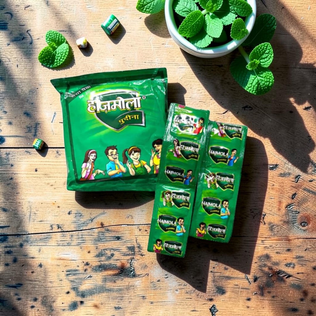 Desipan Hajmola Pudina digestive candy pack with individually wrapped mint candies for on-the-go relief.