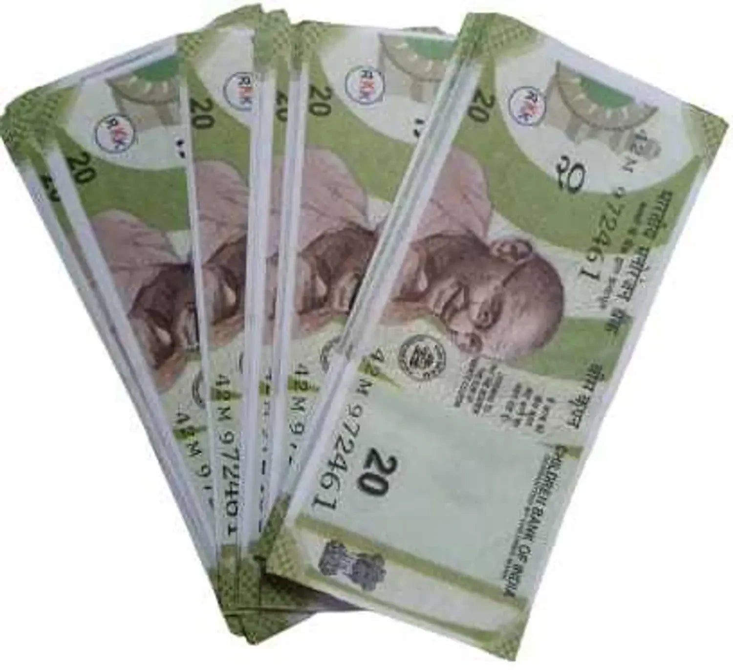 Desipan bundle of Indian 20 Rupee banknotes featuring Mahatma Gandhi, predominantly green and beige paper currency.