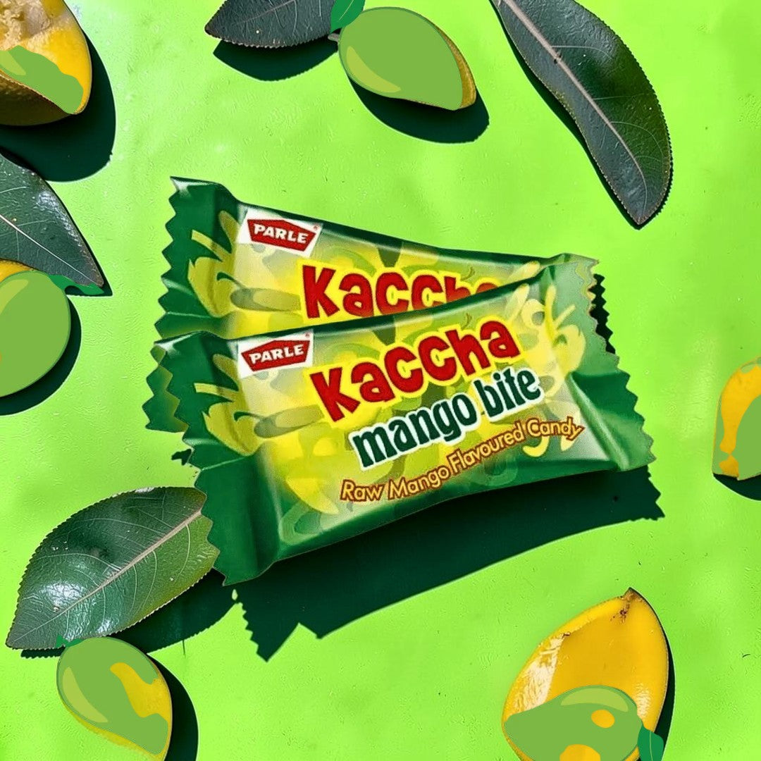 Desipan Parle Kaccha Mango Bite raw mango flavored candies, individually wrapped, with a sweet and sour taste.