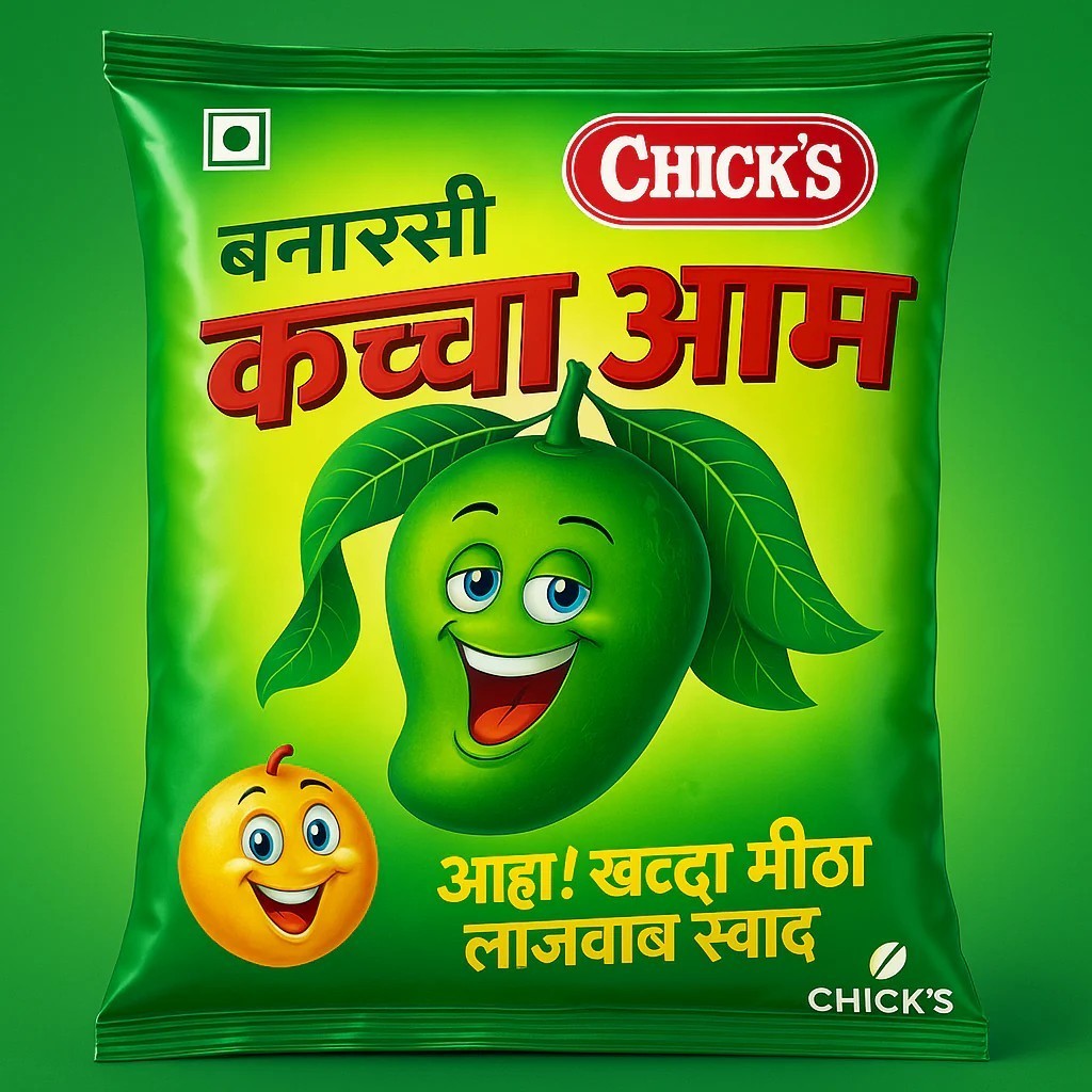 Desipan Chick's Banarsi Kachcha Aam snacks packaging with cartoon mango and orange characters, green and yellow.