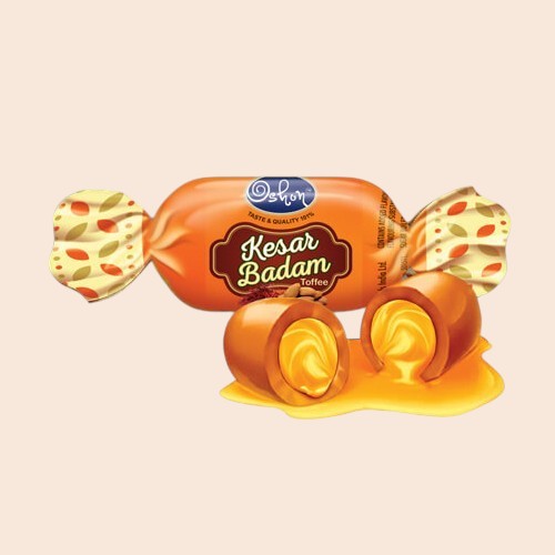 Desipan Oshon Kesar Badam Toffee candy with creamy filling and almonds, individually wrapped.