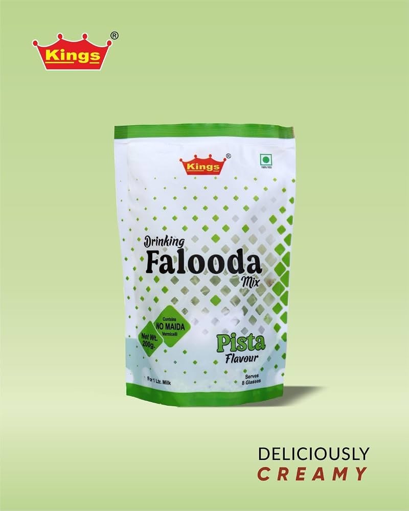 Desipan Kings Pista flavored drinking falooda mix powder in a 200g pouch, a creamy dessert drink base.