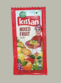Desipan Kissan Mixed Fruit Jam pouch featuring a farmer holding a basket of fruits. Includes pineapple, orange, apple, grapes, and bananas.