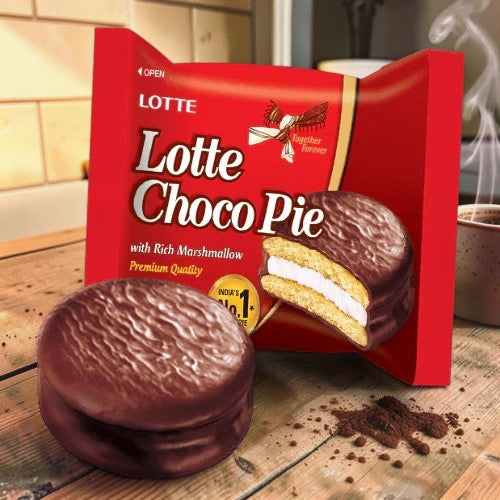 Desipan Lotte Choco Pie with rich marshmallow and golden cake, coated in chocolate.