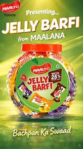 Desipan Maalana Jelly Barfi sweet confectionery in a jar, featuring fruity flavors and a chewy texture. Bachpan Ka Swaad.