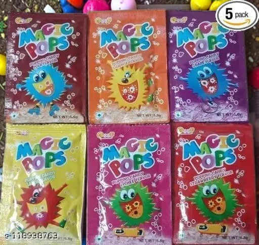 Desipan Magic Pops Popping Candy assortment 5-pack with Cola, Orange, Grape, Lychee, and Strawberry flavors.