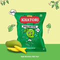 Desipan Meera's Khatori Masala Aam Papad snack bag with real mangoes and slices. Tangy, spicy, fruit snack.
