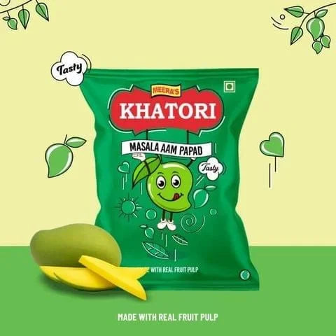 Desipan Meera's Khatori Masala Aam Papad snack bag with real mangoes and slices. Tangy, spicy, fruit snack.
