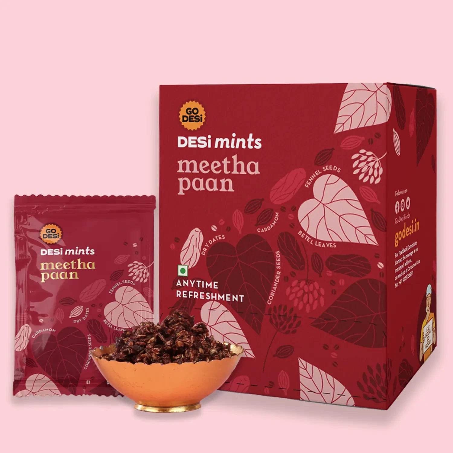 Desipan Meetha Paan box and pouch with a bowl of paan mixture. Features dry dates, cardamom, fennel, betel leaves.