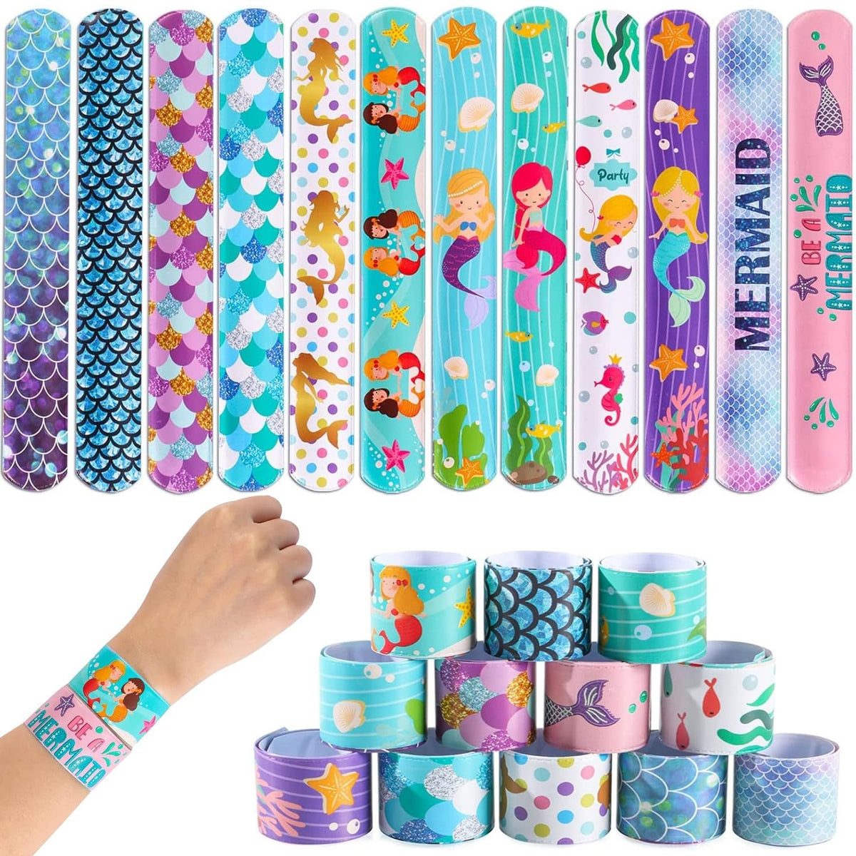 Desipan mermaid slap bracelets for kids featuring colorful fish scales, mermaids, and ocean motifs for party favors.