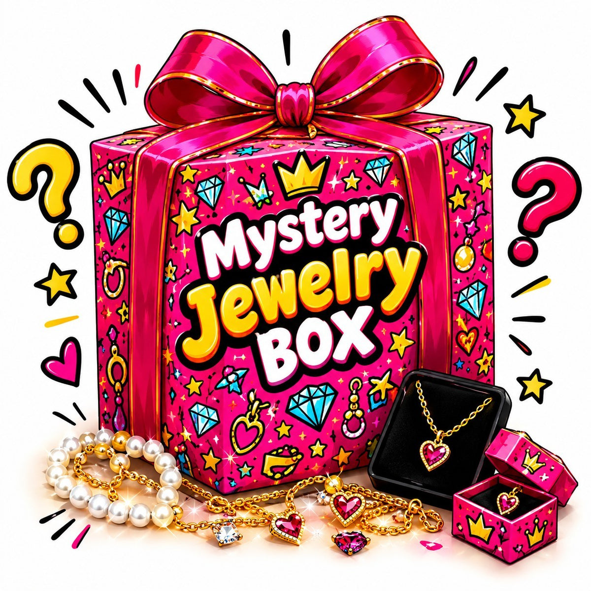 Desipan mystery jewelry gift box featuring a vibrant pink package with gold crowns, hearts, and diamond illustrations.