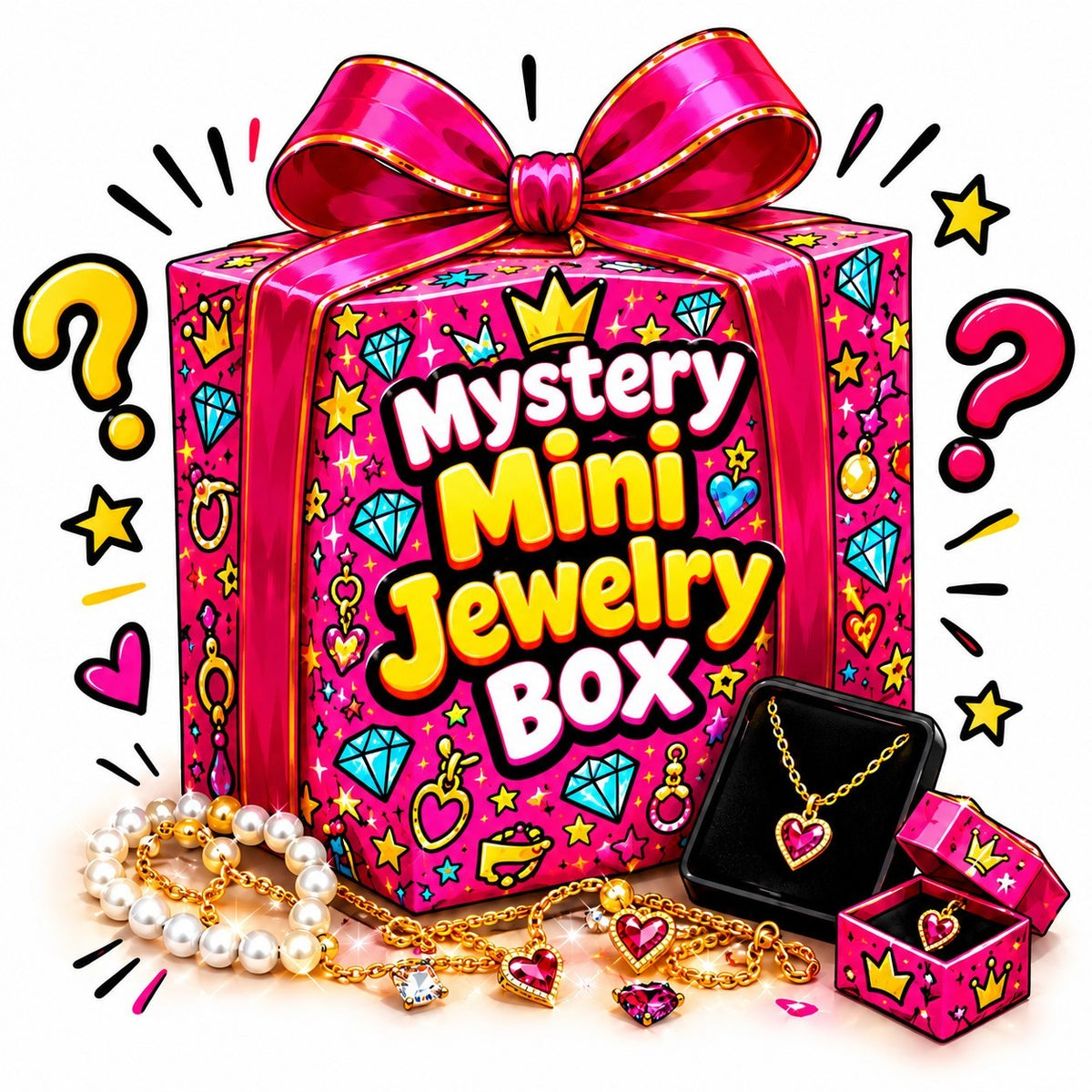 Desipan Mystery Mini Jewelry Box gift set featuring gold necklaces, heart gems, and pearls in festive pink packaging