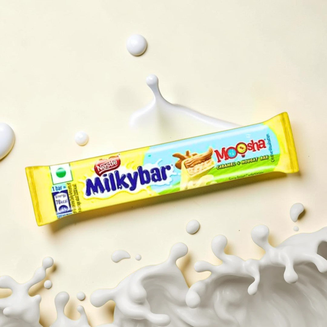 Nestle Milkybar Moosha caramel nougat bar with creamy white chocolate, chewy nougat, and rich caramel.