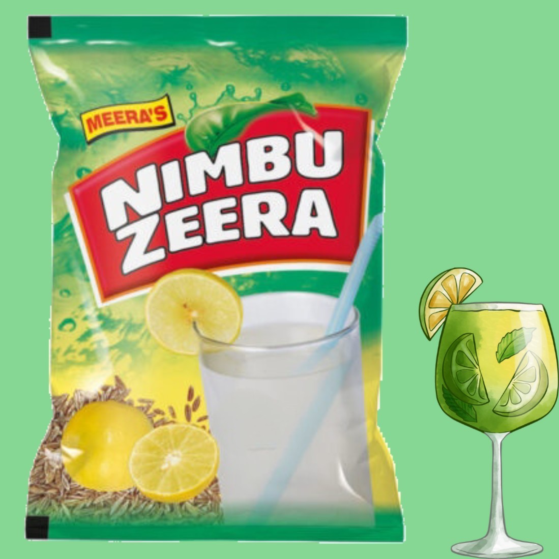Desipan Meera's Nimbu Zeera drink mix packet with lemon slices, cumin seeds, and a glass of refreshing lemonade.