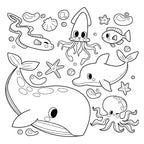 Desipan ocean life coloring book pages featuring a whale, dolphin, squid, octopus, eel, fish, starfish, and shells.