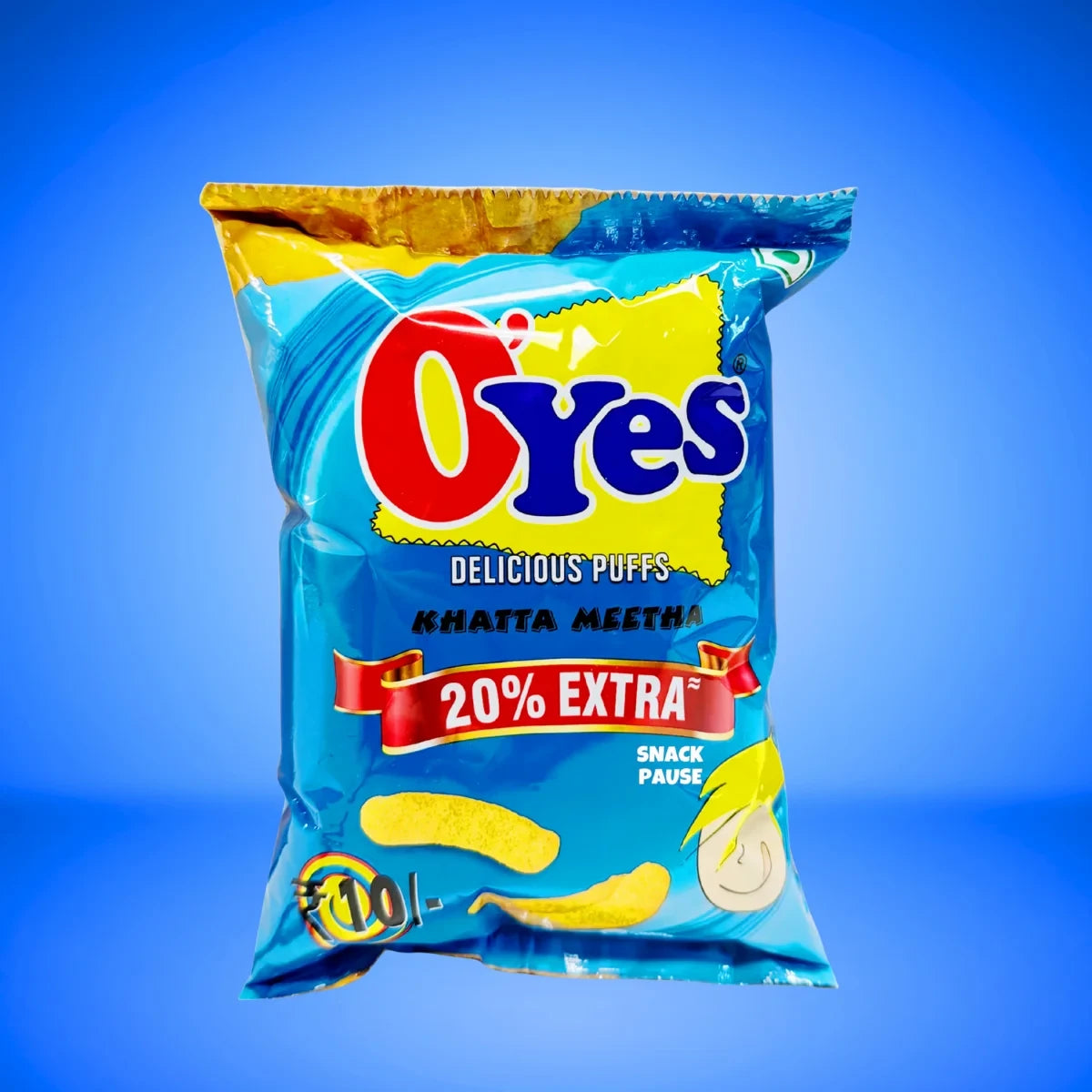 Desipan Oyes Delicious Puffs Khatta Meetha snack bag with 20% extra. Tangy and sweet flavor.